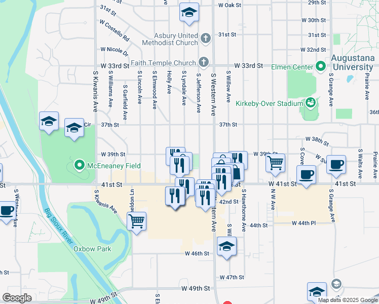 map of restaurants, bars, coffee shops, grocery stores, and more near 2204 West 39th Street in Sioux Falls