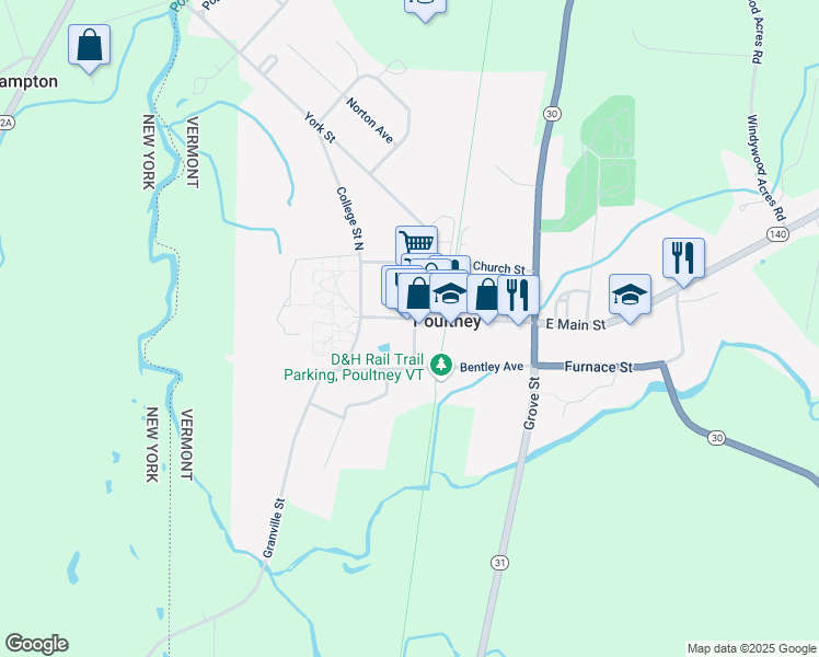 map of restaurants, bars, coffee shops, grocery stores, and more near 49 Maple Street in Poultney