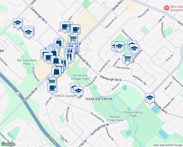 map of restaurants, bars, coffee shops, grocery stores, and more near Laurelwood Court in Guelph