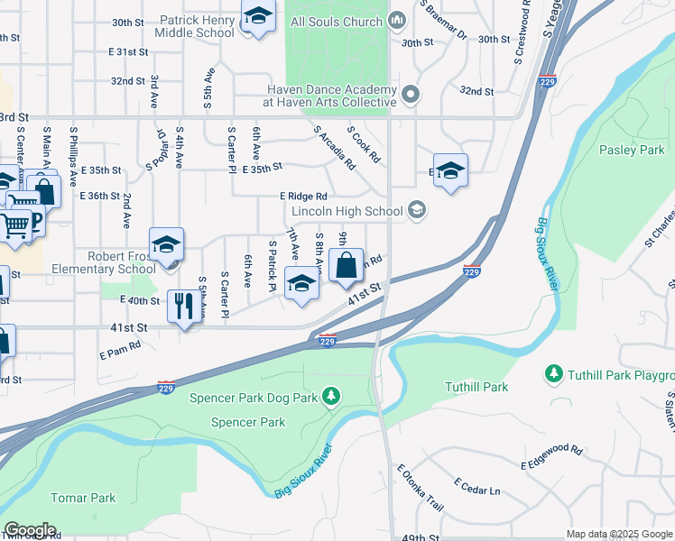 map of restaurants, bars, coffee shops, grocery stores, and more near 1000 East Pam Road in Sioux Falls