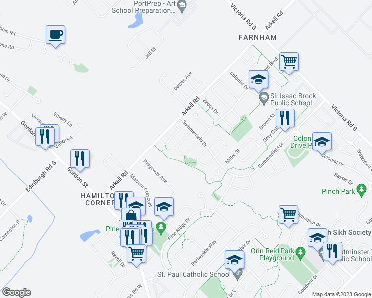 map of restaurants, bars, coffee shops, grocery stores, and more near 68 Amsterdam Crescent in Guelph