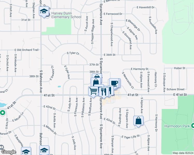 map of restaurants, bars, coffee shops, grocery stores, and more near 3225 South Sycamore Avenue in Sioux Falls