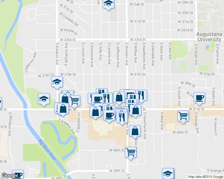 map of restaurants, bars, coffee shops, grocery stores, and more near 2202 West 39th Street in Sioux Falls