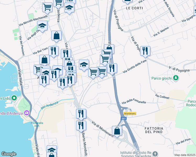 map of restaurants, bars, coffee shops, grocery stores, and more near 7 Via Grotta delle Fate in Livorno