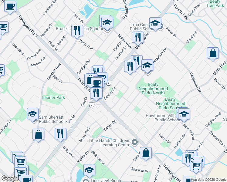 map of restaurants, bars, coffee shops, grocery stores, and more near 633 Porter Way in Milton