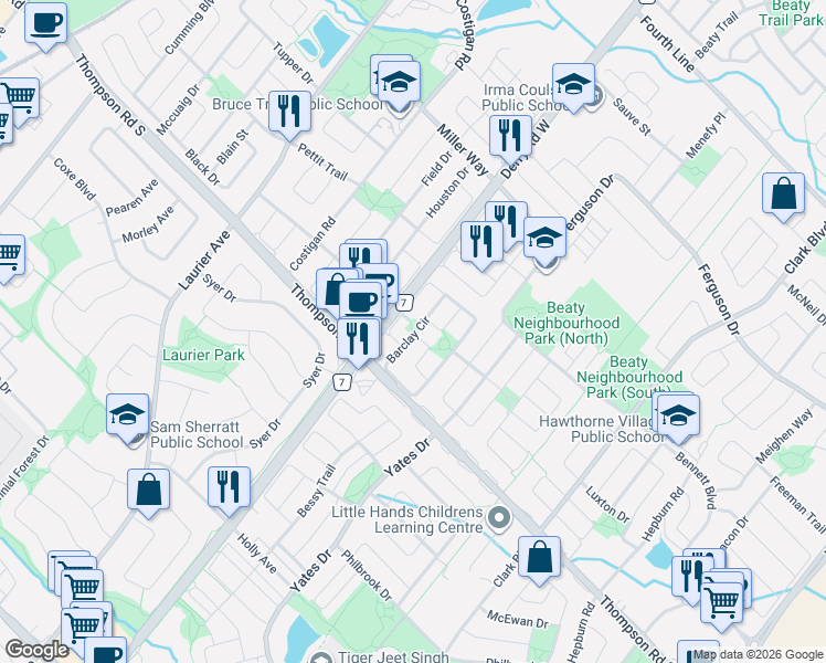 map of restaurants, bars, coffee shops, grocery stores, and more near 1148 Barclay Circle in Milton