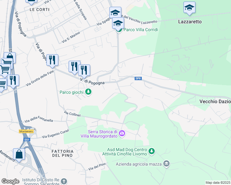 map of restaurants, bars, coffee shops, grocery stores, and more near 18 Via di Monterotondo in Livorno