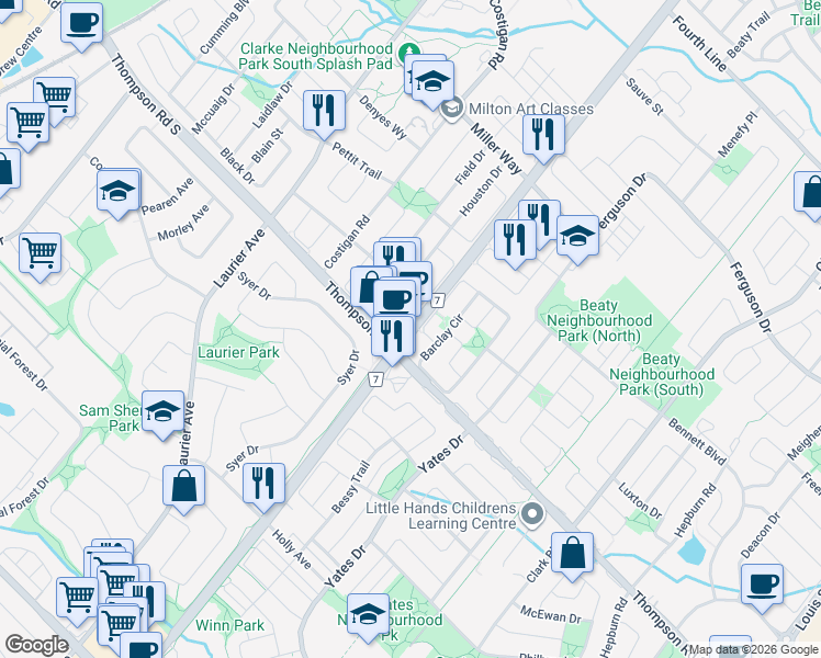 map of restaurants, bars, coffee shops, grocery stores, and more near 9149 Derry Road East in Milton