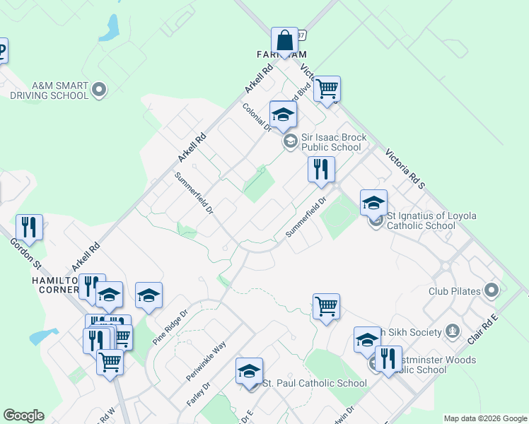 map of restaurants, bars, coffee shops, grocery stores, and more near 27 Miller Street in Guelph
