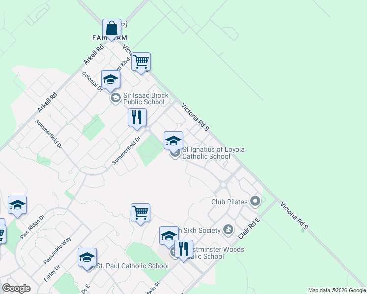 map of restaurants, bars, coffee shops, grocery stores, and more near 91 Lambeth Way in Guelph