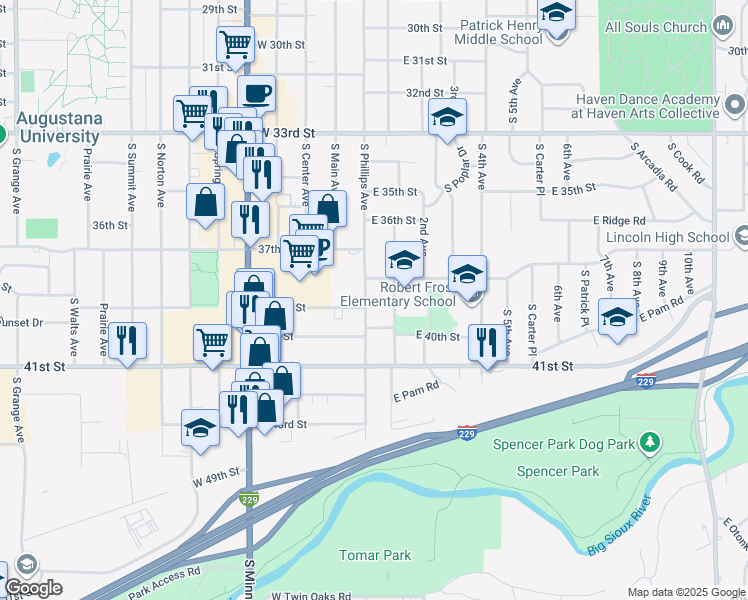 map of restaurants, bars, coffee shops, grocery stores, and more near 3102 South Phillips Avenue in Sioux Falls