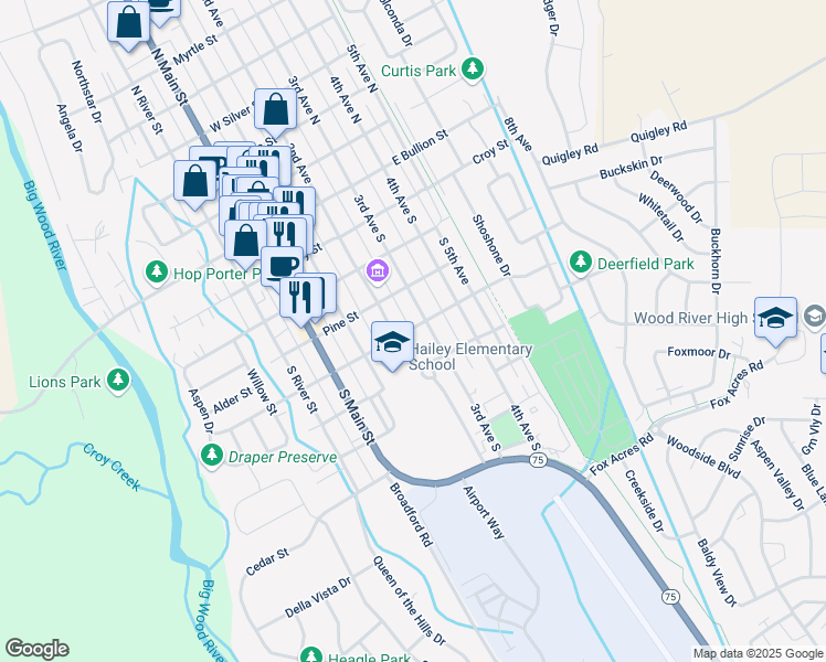 map of restaurants, bars, coffee shops, grocery stores, and more near Elm Street in Hailey