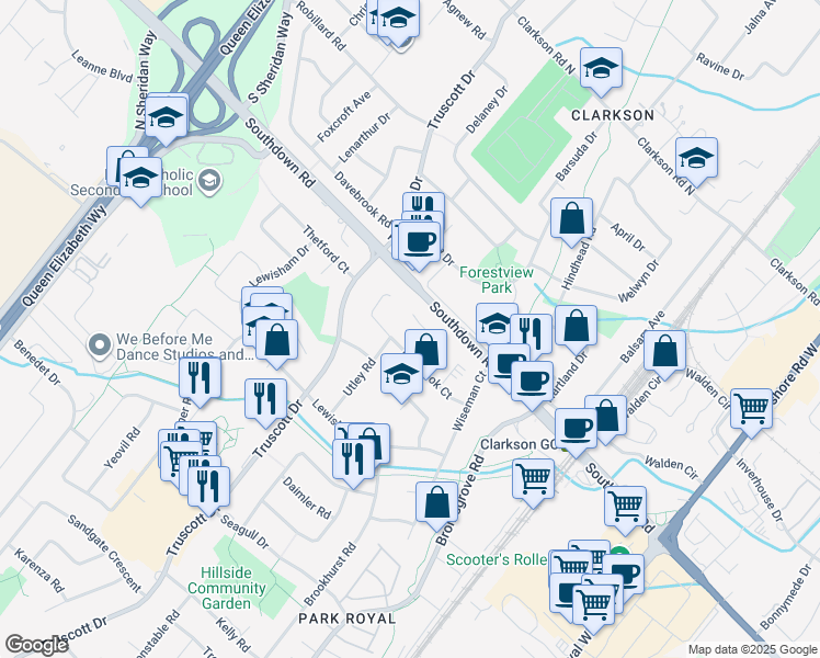 map of restaurants, bars, coffee shops, grocery stores, and more near 1327 Ludbrook Court in Mississauga