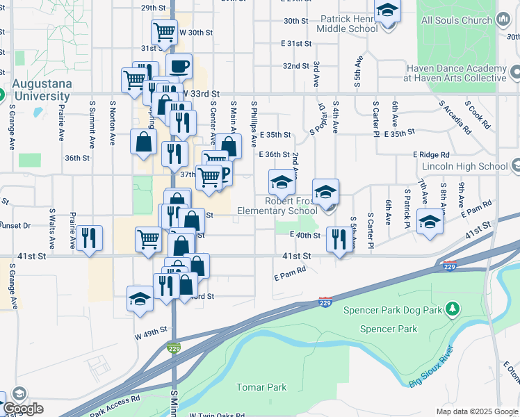 map of restaurants, bars, coffee shops, grocery stores, and more near 3102 South Phillips Avenue in Sioux Falls