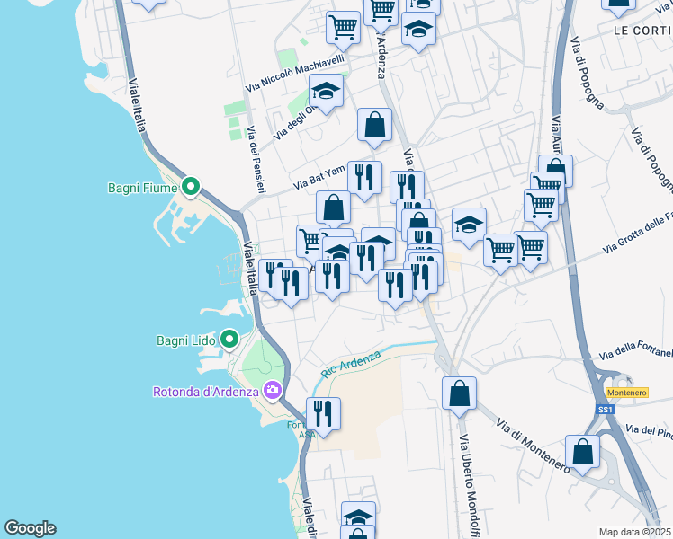 map of restaurants, bars, coffee shops, grocery stores, and more near 102 Via Oreste Franchini in Livorno