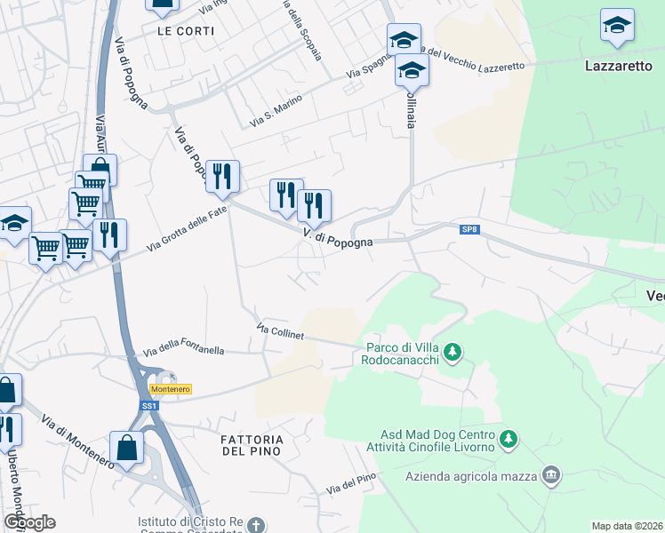 map of restaurants, bars, coffee shops, grocery stores, and more near 17 Via Fortunato Garzelli in Livorno