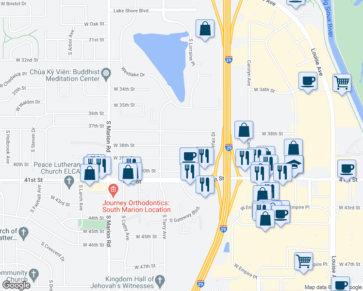 map of restaurants, bars, coffee shops, grocery stores, and more near 4701 West 38th Street in Sioux Falls