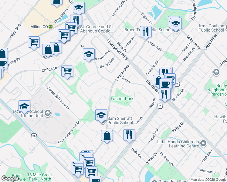 map of restaurants, bars, coffee shops, grocery stores, and more near 762 Laurier Avenue in Milton