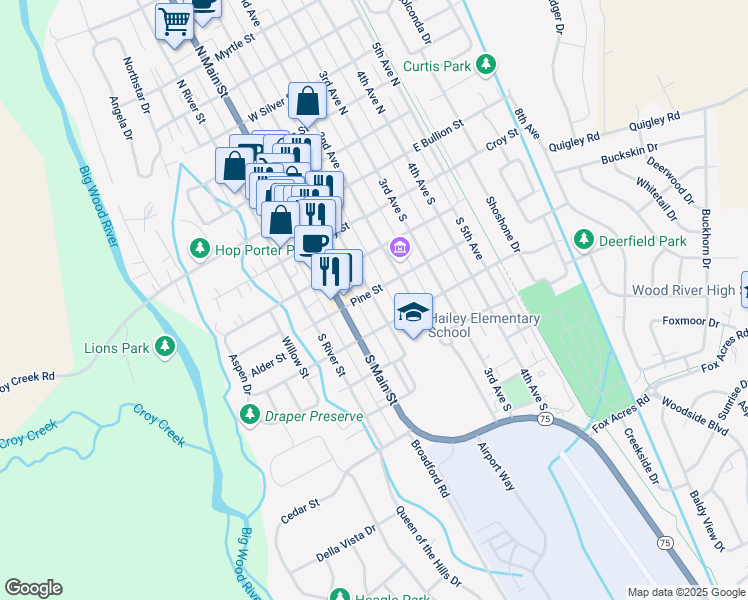map of restaurants, bars, coffee shops, grocery stores, and more near 413 South 1st Avenue in Hailey