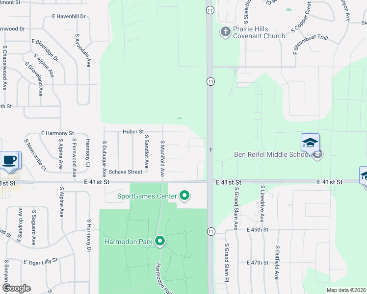 map of restaurants, bars, coffee shops, grocery stores, and more near 5720 East Meadow Oak Circle in Sioux Falls