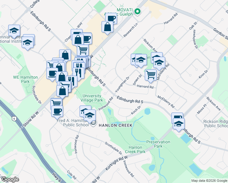 map of restaurants, bars, coffee shops, grocery stores, and more near 572 Edinburgh Road South in Guelph