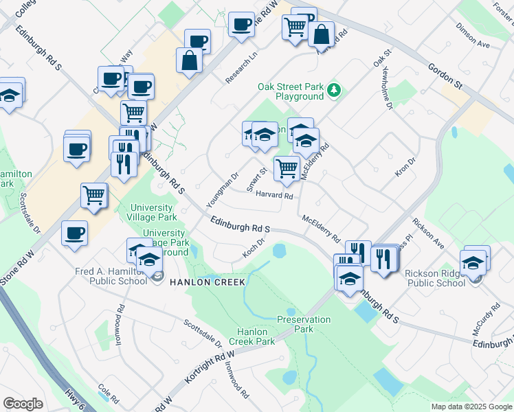 map of restaurants, bars, coffee shops, grocery stores, and more near 26 Brazolot Drive in Guelph