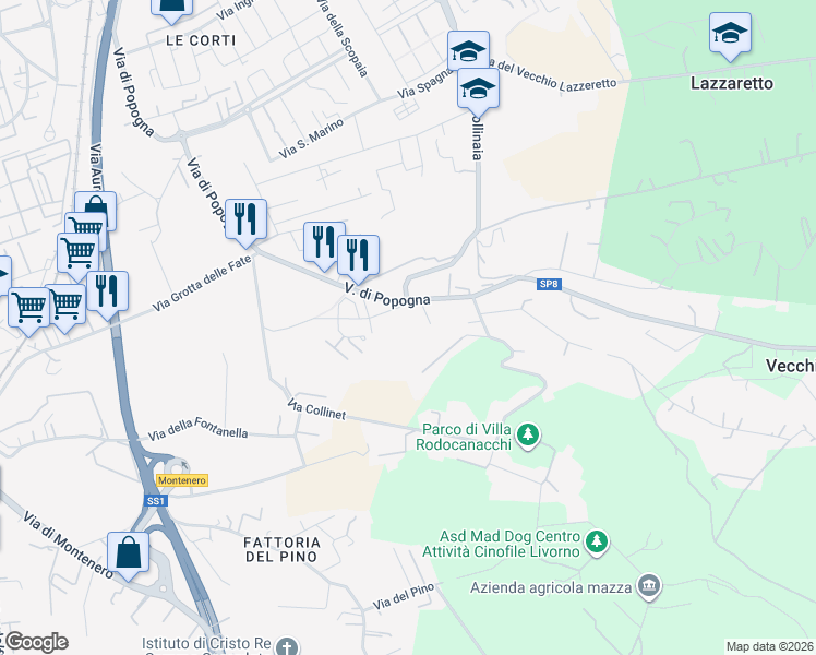 map of restaurants, bars, coffee shops, grocery stores, and more near 17 Via Fortunato Garzelli in Livorno