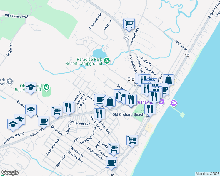 map of restaurants, bars, coffee shops, grocery stores, and more near 33 School Street in Old Orchard Beach