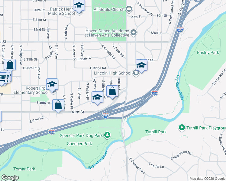 map of restaurants, bars, coffee shops, grocery stores, and more near 1105 East Pam Road in Sioux Falls