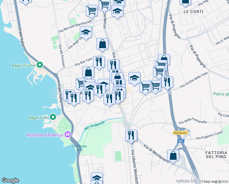 map of restaurants, bars, coffee shops, grocery stores, and more near 96 Via del Mare in Livorno