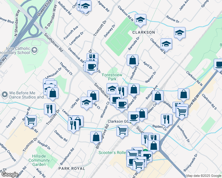 map of restaurants, bars, coffee shops, grocery stores, and more near 2025 Ambridge Court in Mississauga
