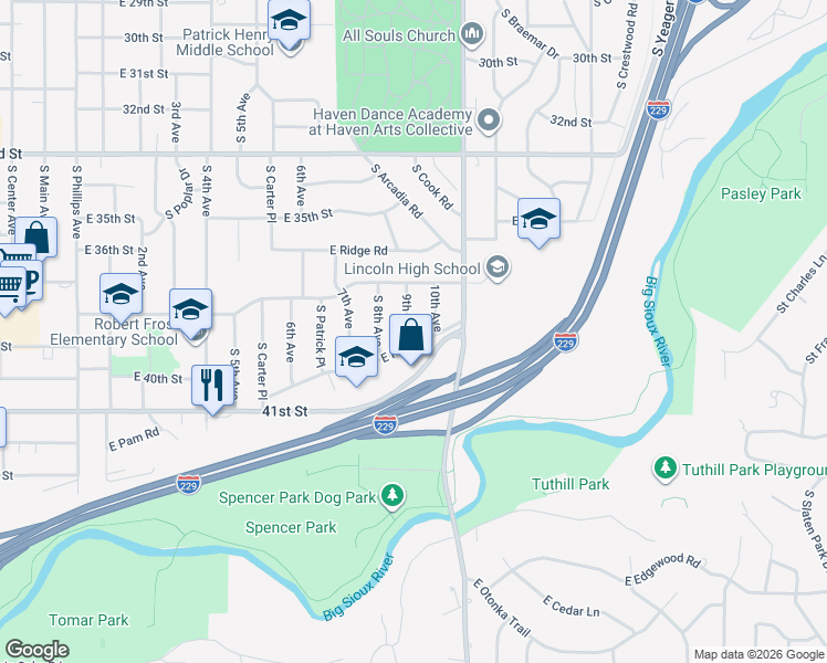 map of restaurants, bars, coffee shops, grocery stores, and more near 1105 East Pam Road in Sioux Falls