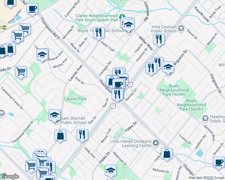 map of restaurants, bars, coffee shops, grocery stores, and more near 521 Thompson Road South in Milton