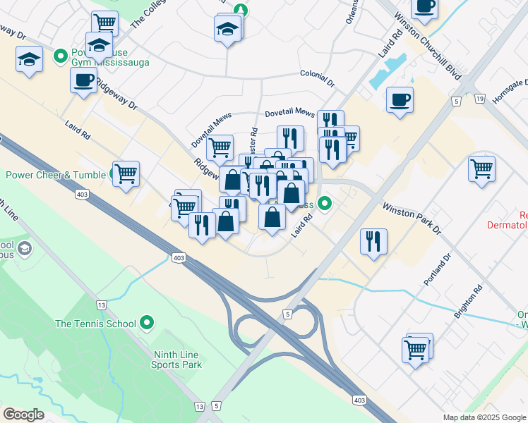 map of restaurants, bars, coffee shops, grocery stores, and more near 24-3170 Ridgeway Drive in Mississauga