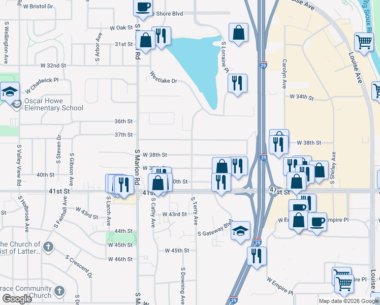 map of restaurants, bars, coffee shops, grocery stores, and more near 3100-3104 South Terry Avenue in Sioux Falls