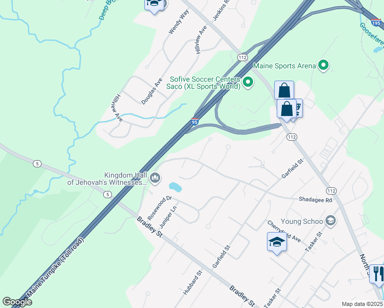 map of restaurants, bars, coffee shops, grocery stores, and more near 64 Shadagee Road in Saco