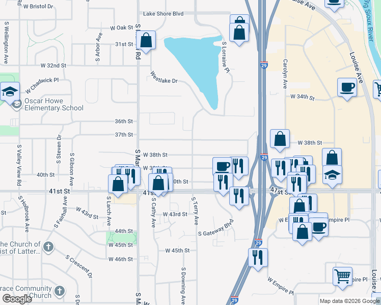 map of restaurants, bars, coffee shops, grocery stores, and more near 3100-3104 South Terry Avenue in Sioux Falls