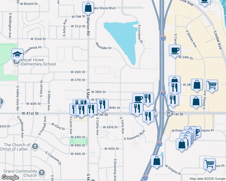map of restaurants, bars, coffee shops, grocery stores, and more near 4900-5198 West 39th Street in Sioux Falls