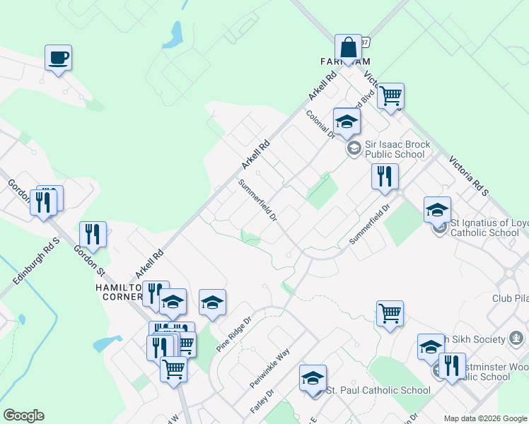 map of restaurants, bars, coffee shops, grocery stores, and more near 93 Amsterdam Crescent in Guelph