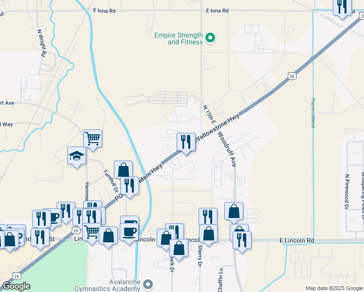 map of restaurants, bars, coffee shops, grocery stores, and more near 2435 North Yellowstone Highway in Idaho Falls