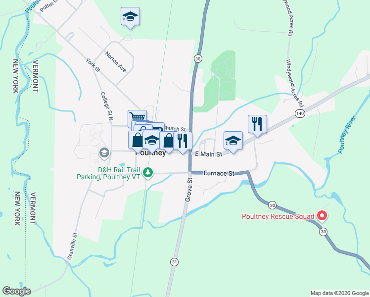 map of restaurants, bars, coffee shops, grocery stores, and more near 61 Beaman Street in Poultney
