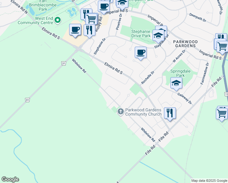 map of restaurants, bars, coffee shops, grocery stores, and more near 12 Shoemaker Crescent in Guelph