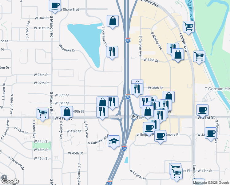 map of restaurants, bars, coffee shops, grocery stores, and more near 4500 West 37th Street in Sioux Falls