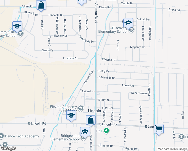 map of restaurants, bars, coffee shops, grocery stores, and more near 2431 North Deborah Drive in Idaho Falls