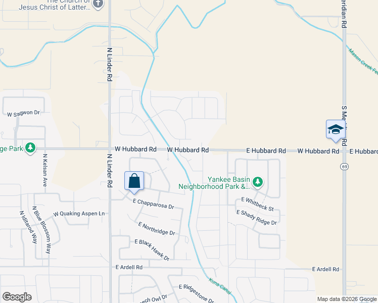 map of restaurants, bars, coffee shops, grocery stores, and more near 1105 West Hubbard Road in Meridian