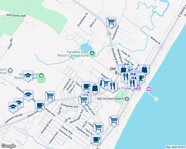 map of restaurants, bars, coffee shops, grocery stores, and more near 49 School Street in Old Orchard Beach