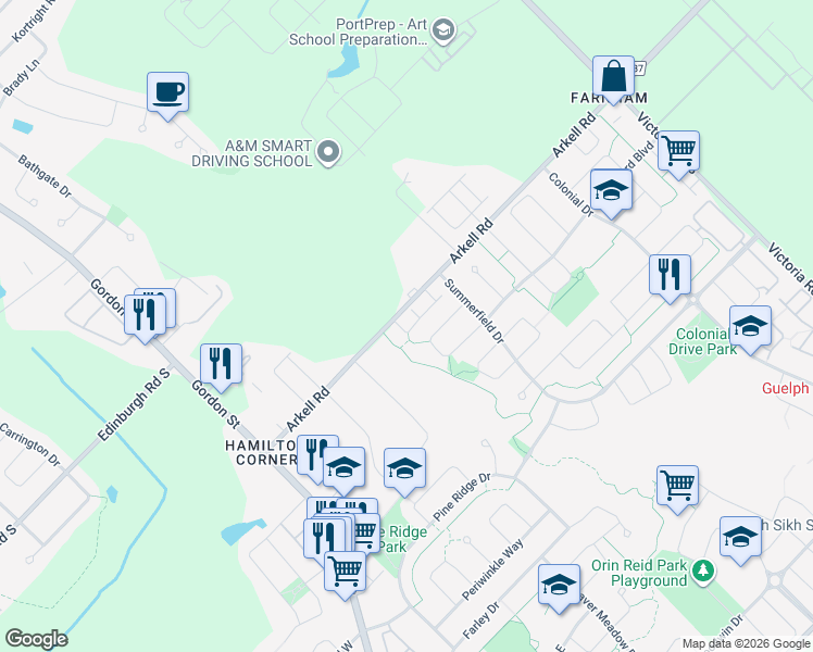 map of restaurants, bars, coffee shops, grocery stores, and more near 167 Arkell Road in Guelph