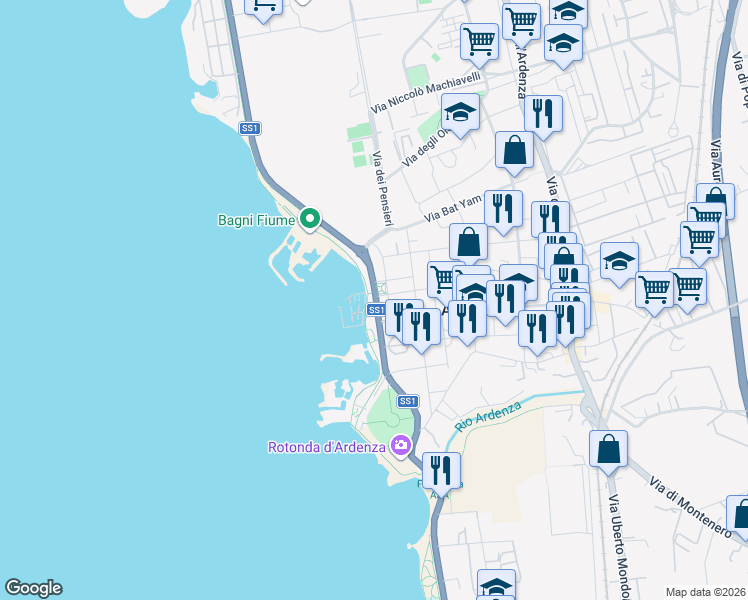map of restaurants, bars, coffee shops, grocery stores, and more near 367 Via Giovanni Salvestri in Livorno