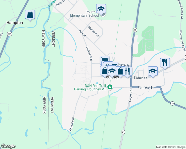 map of restaurants, bars, coffee shops, grocery stores, and more near 60 College Street North in Poultney