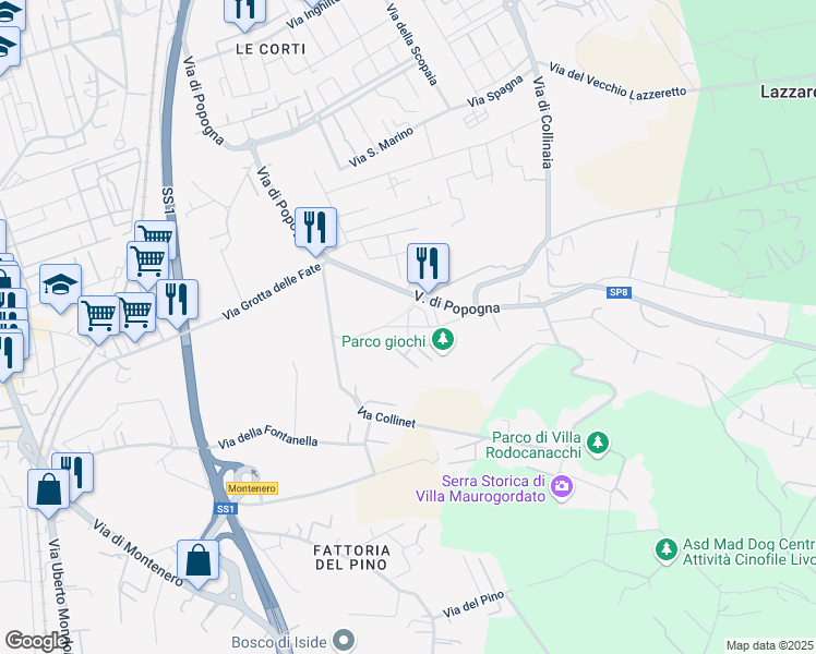 map of restaurants, bars, coffee shops, grocery stores, and more near 272 Via di Popogna in Livorno